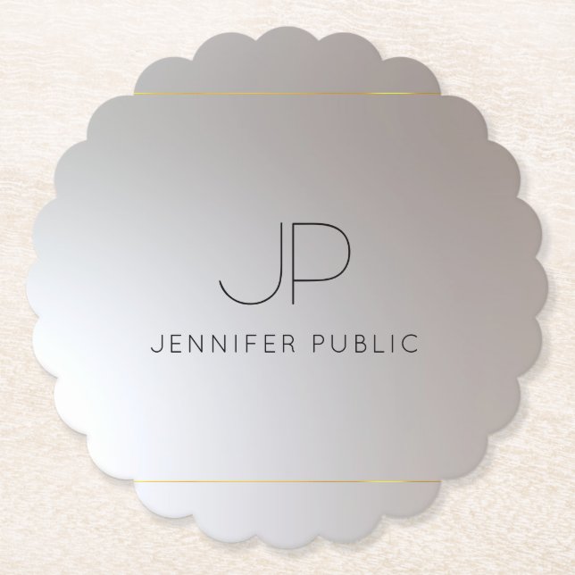 Elegant Monogram Gold Silver Scalloped Round Paper Coaster (Front)