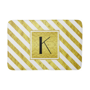 Elegant Monogram Gold Stripes Bath Mat