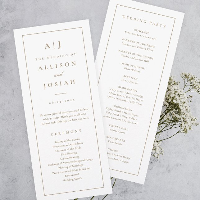 Elegant Monogram Gold Wedding Program Invitation (Elegant and Classic Monogram Gold and White Wedding Program.)