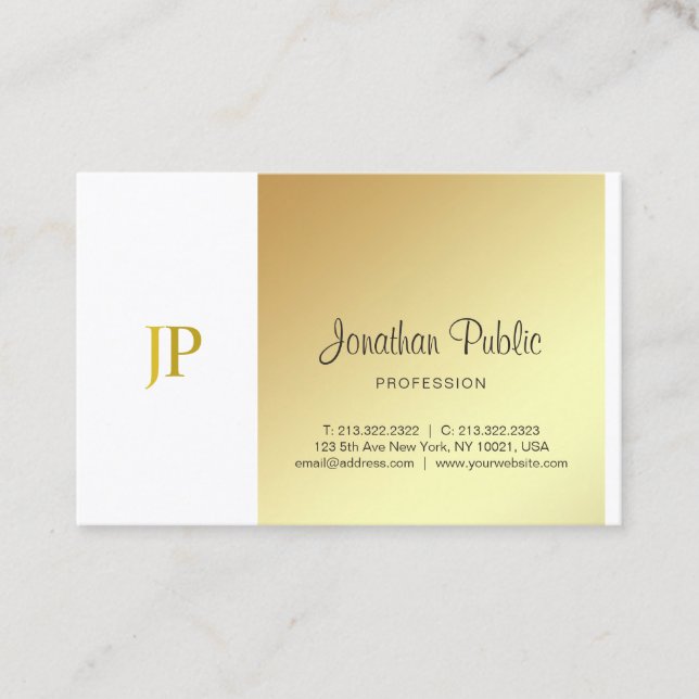 Elegant Monogram Gold White Plain Luxury Script Business Card (Front)