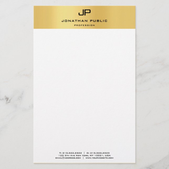 Elegant Monogram Gold White Template Modern Stationery (Front)