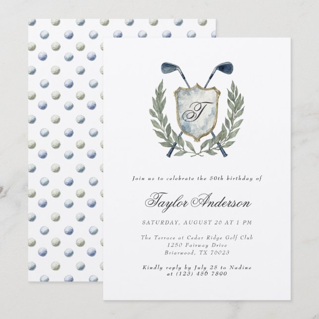 Elegant Monogram Golf Crest Birthday Party Golfing Invitation (Front/Back)