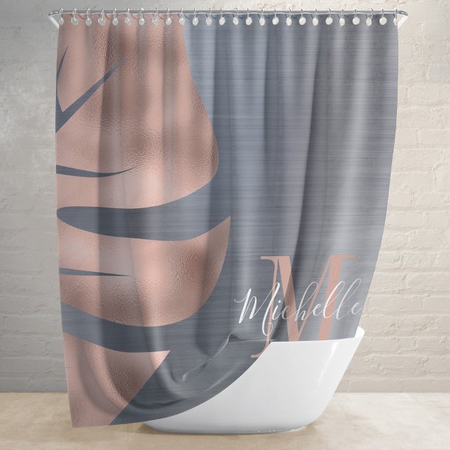 Elegant Monogram Gray Rose Gold Palm Leaf Shower Curtain (Creator Uploaded)