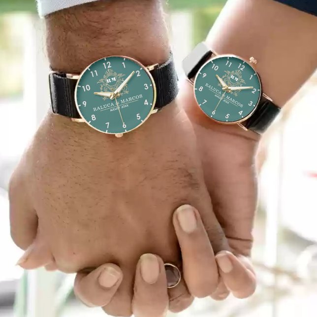 Elegant Monogram green and gold Couple names Watch (Creator Uploaded)
