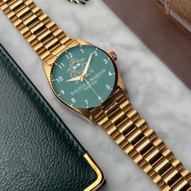Elegant Monogram green and gold Couple names Watch (Creator Uploaded)