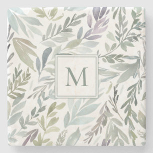 Elegant Monogram Green Blue Botanical Watercolor Stone Coaster