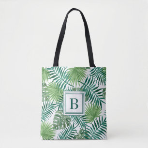 Elegant Monogram Green Botanical Palm Leaves Tote Bag