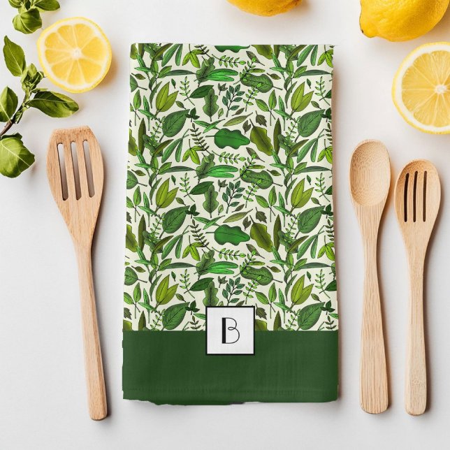 Elegant Monogram Green Botanical Pattern Tea Towel (Elegant Monogram Green Botanical Pattern Kitchen Towel)