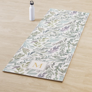 Elegant Monogram Green Botanical Watercolor Yoga Mat