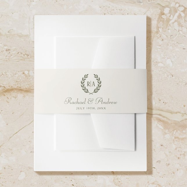 Elegant Monogram Green Cream Wedding Invitation Belly Band (Creator Uploaded)