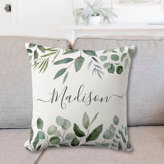 Elegant Monogram Green Eucalyptus Tropical Leaves Cushion (In situ)