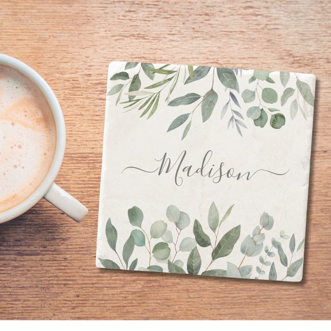 Elegant Monogram Green Eucalyptus Tropical Leaves Stone Coaster (In situ)