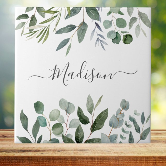 Elegant Monogram Green Eucalyptus Tropical Leaves Tile (Close up)