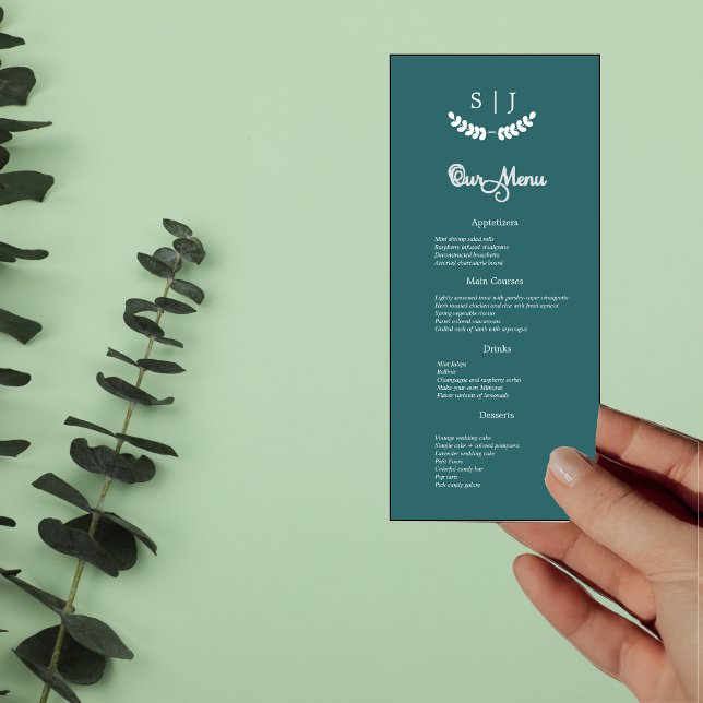 Elegant Monogram Green Jewel Tone Dinner Menu (Creator Uploaded)