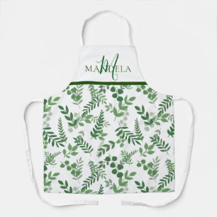 Elegant Monogram Green Leaf Pattern Apron