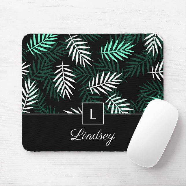 Elegant Monogram Green Leaves Botanical Pattern Mouse Mat (With Mouse)