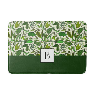 Elegant Monogram Green Leaves Pattern Bath Mat
