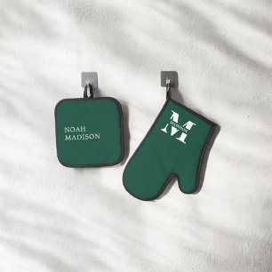Elegant Monogram Green Oven Mitt & Pot Holder Set