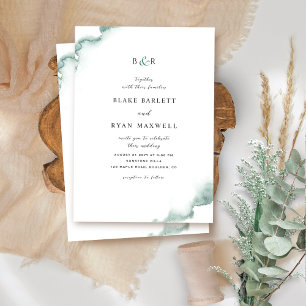 Elegant Monogram, Green, Sage Watercolor Wedding Invitation