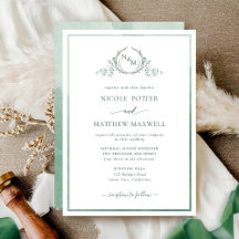 Elegant Monogram Green Watercolor Wedding Invitati