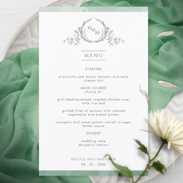 Elegant Monogram Green Watercolor Wedding Menu (Creator Uploaded)