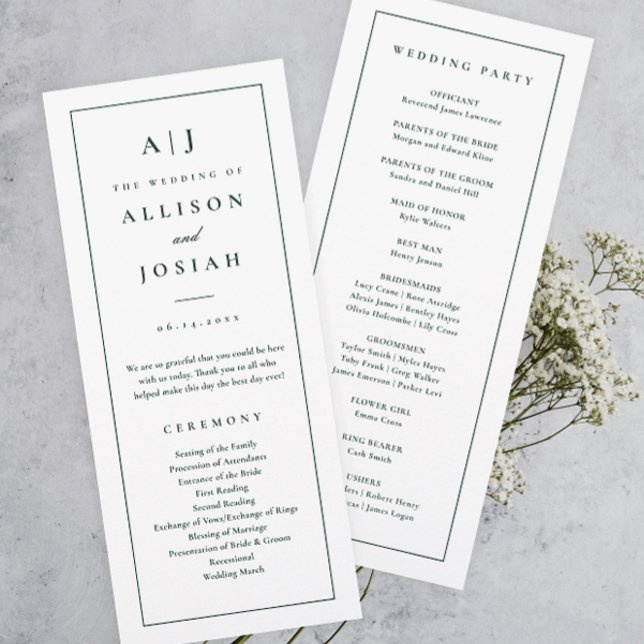 Elegant Monogram Green Wedding Program Invitation (Elegant and Classic Monogram Green and White Wedding Program.)