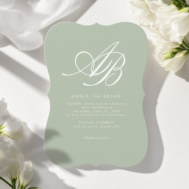 Elegant Monogram Green White Wedding Invitation (Elegant Monogram Sage Green White Wedding Invitation)