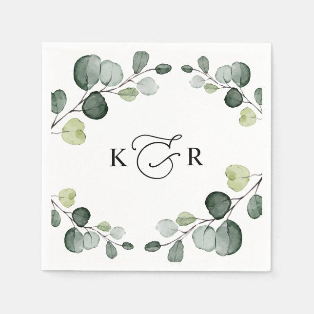 Elegant Monogram Greenery Eucalyptus Personalised Napkin (Front)