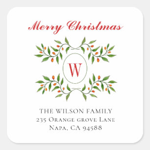 Elegant Monogram Greenery Holiday return address Square Sticker