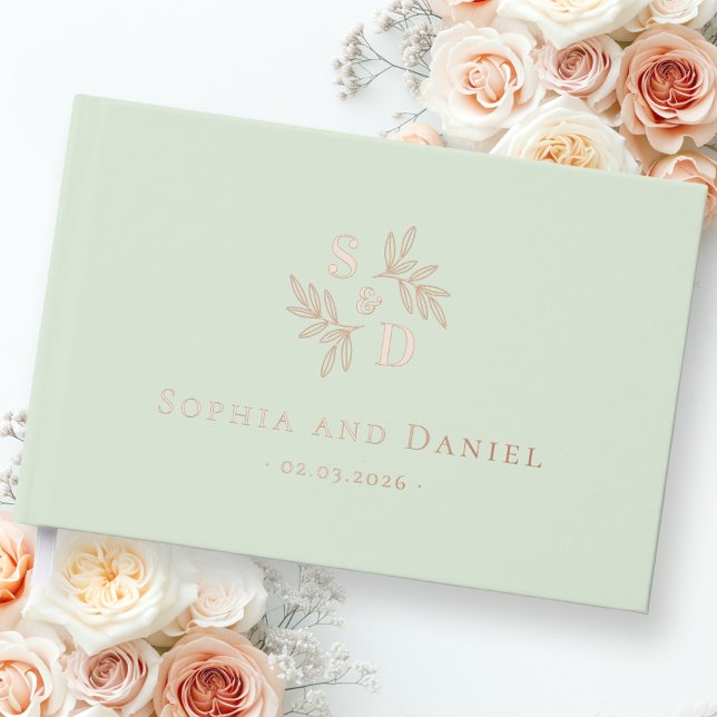 Elegant monogram greenery leaves light green guest book (Elegant monogram greenery leaves light green foil guest book)