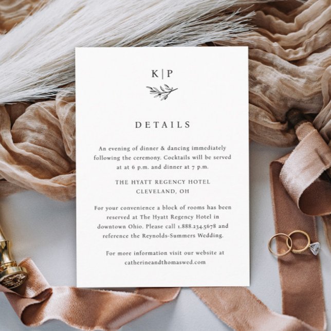 Elegant Monogram Greenery Leaves Wedding Details Enclosure Card (Simple wedding monogram with greenery wedding details enclosure cards.)