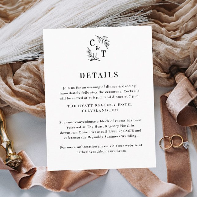 Elegant Monogram Greenery Leaves Wedding Details Enclosure Card (Elegant Wedding Monogram Black and White Wedding Invitation Details Enclosure Card.)