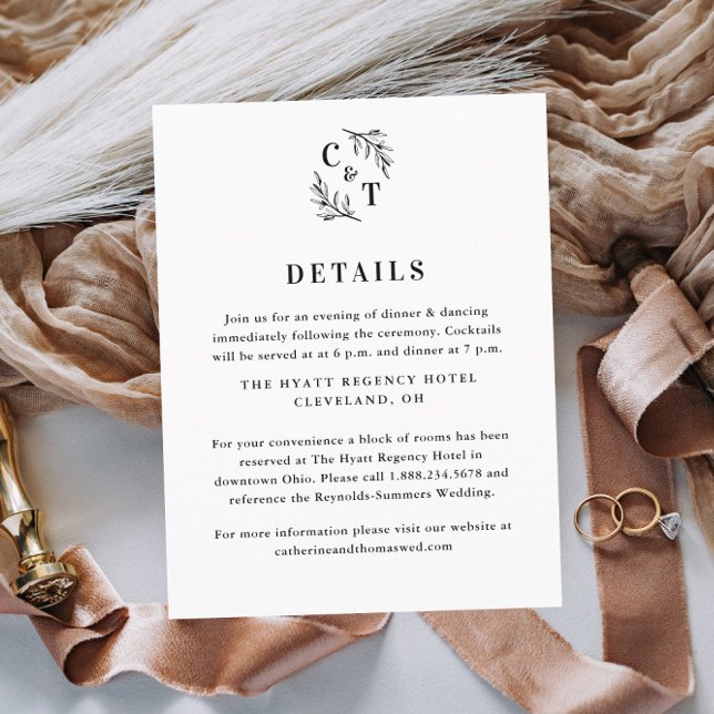 Elegant Monogram Greenery Leaves Wedding Details Enclosure Card (Elegant Wedding Monogram Black and White Wedding Invitation Details Enclosure Card.)