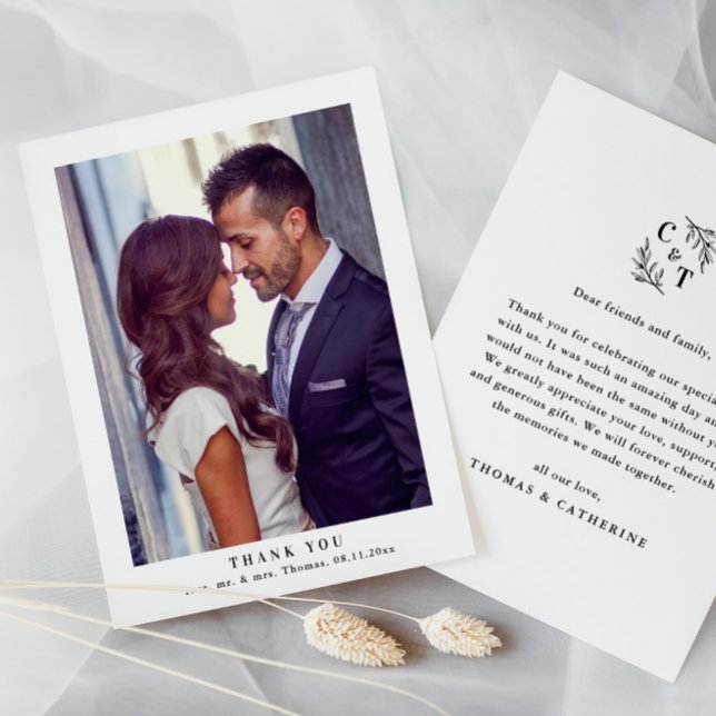 Elegant Monogram Greenery Leaves Wedding Photo Thank You Card (Simple Wedding Photo Thank You Card with Greenery Monogram.)
