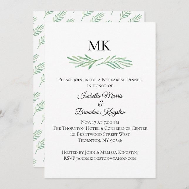 Elegant Monogram Greenery Rehearsal Dinner Invitation (Front/Back)