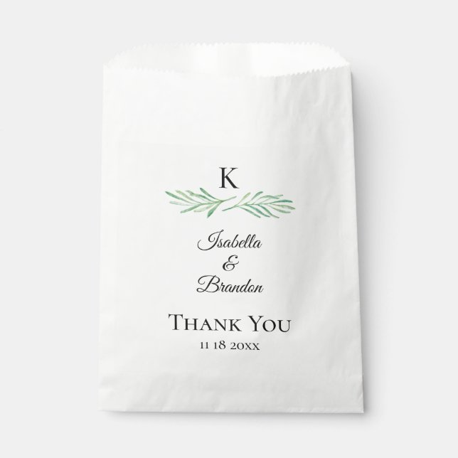 Elegant Monogram Greenery Wedding Favour Bags (Front)