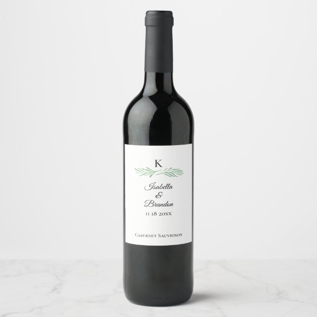 Elegant Monogram Greenery Wedding Wine Label (Front)