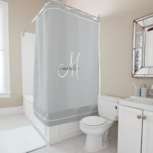 Elegant Monogram Grey White Script Name Shower Curtain