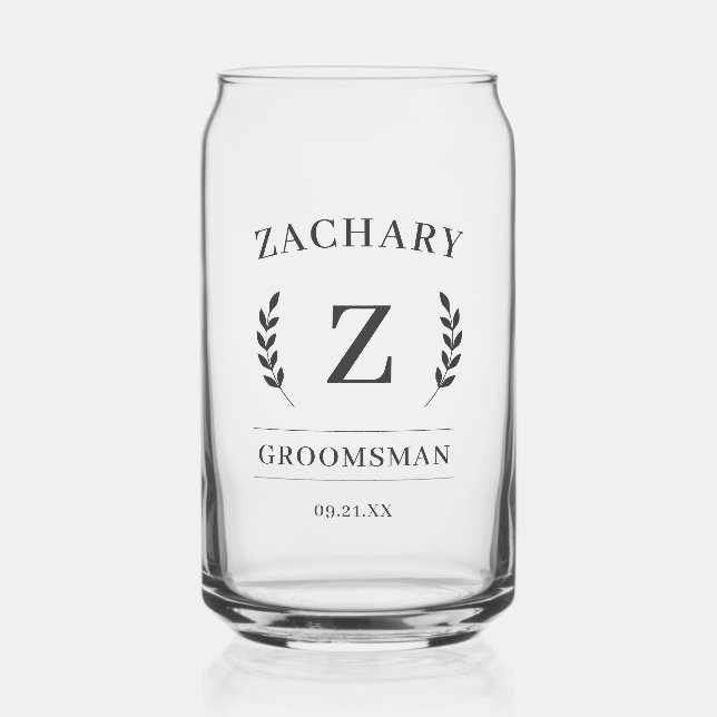 Elegant Monogram Groomsmen Gift Wedding Beer Can Glass (Front)