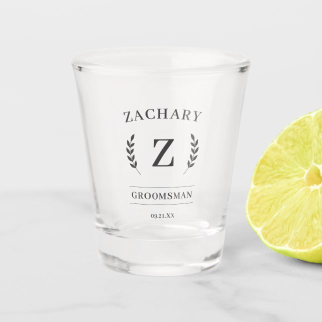 Elegant Monogram Groomsmen Gift Wedding Party Shot Glass (Front)