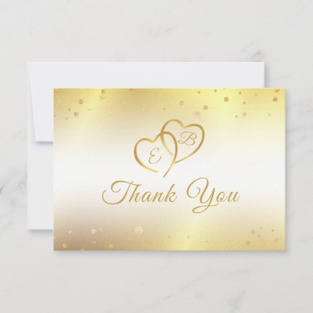 Elegant Monogram Hearts Metallic Gold Thank You Card (Front)