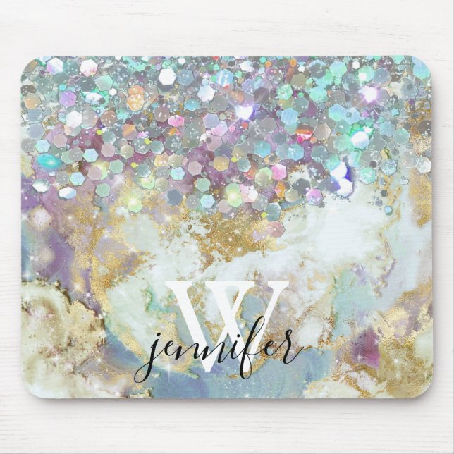 Elegant Monogram Holographic Glitter Purple Galaxy Mouse Mat (Front)