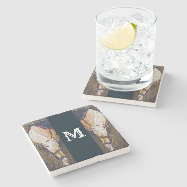 Elegant Monogram Horse Stone Coaster (Side)