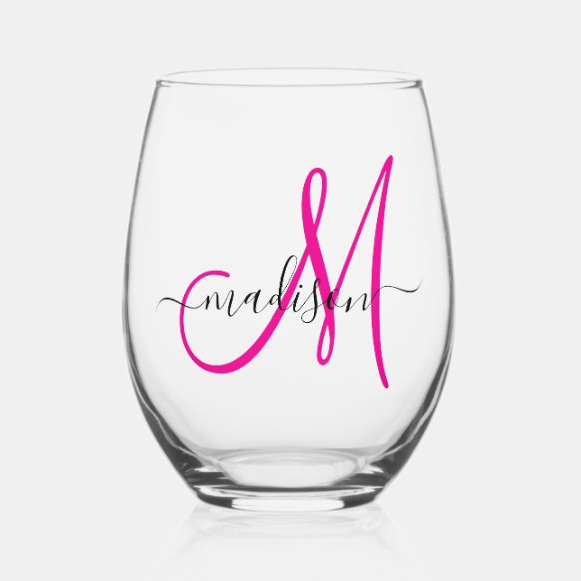 Elegant Monogram Hot Pink Black Name Script Stemless Wine Glass (Front)