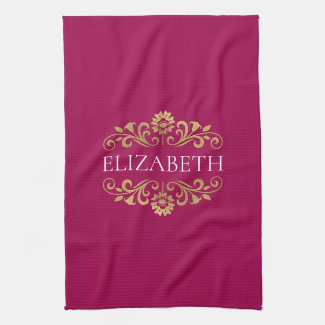 Elegant Monogram Hot Pink Gold Kitchen Towel (Vertical)