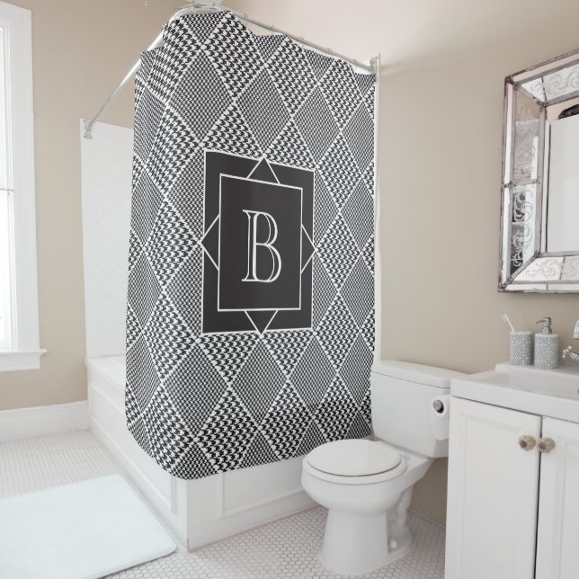Elegant Monogram Houndstooth Design Black & White Shower Curtain (In Situ)