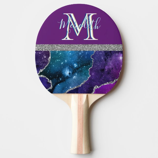 Elegant Monogram I Purple Teal Agate Silver  Ping Pong Paddle (Front)