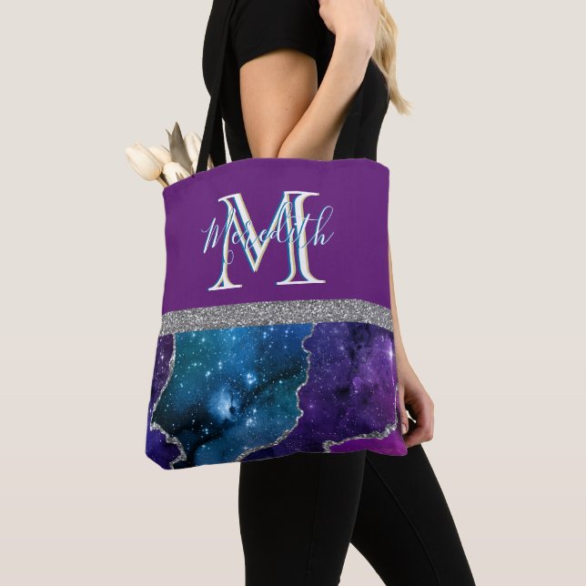 Elegant Monogram I Purple Teal Agate Silver Tote Bag (Close Up)