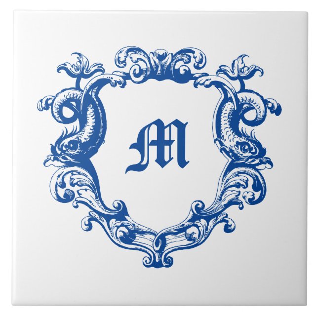 Elegant Monogram In Dolphin Cartouche Template Tile (Front)