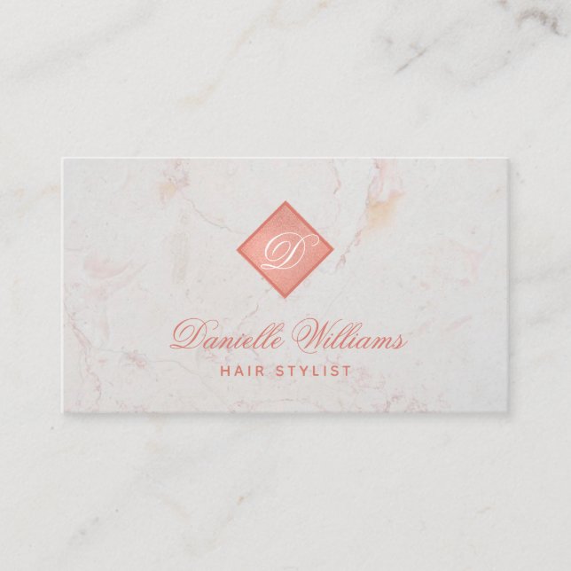 Elegant Monogram in Rose Gold Pink White Marble Business Card (Front)